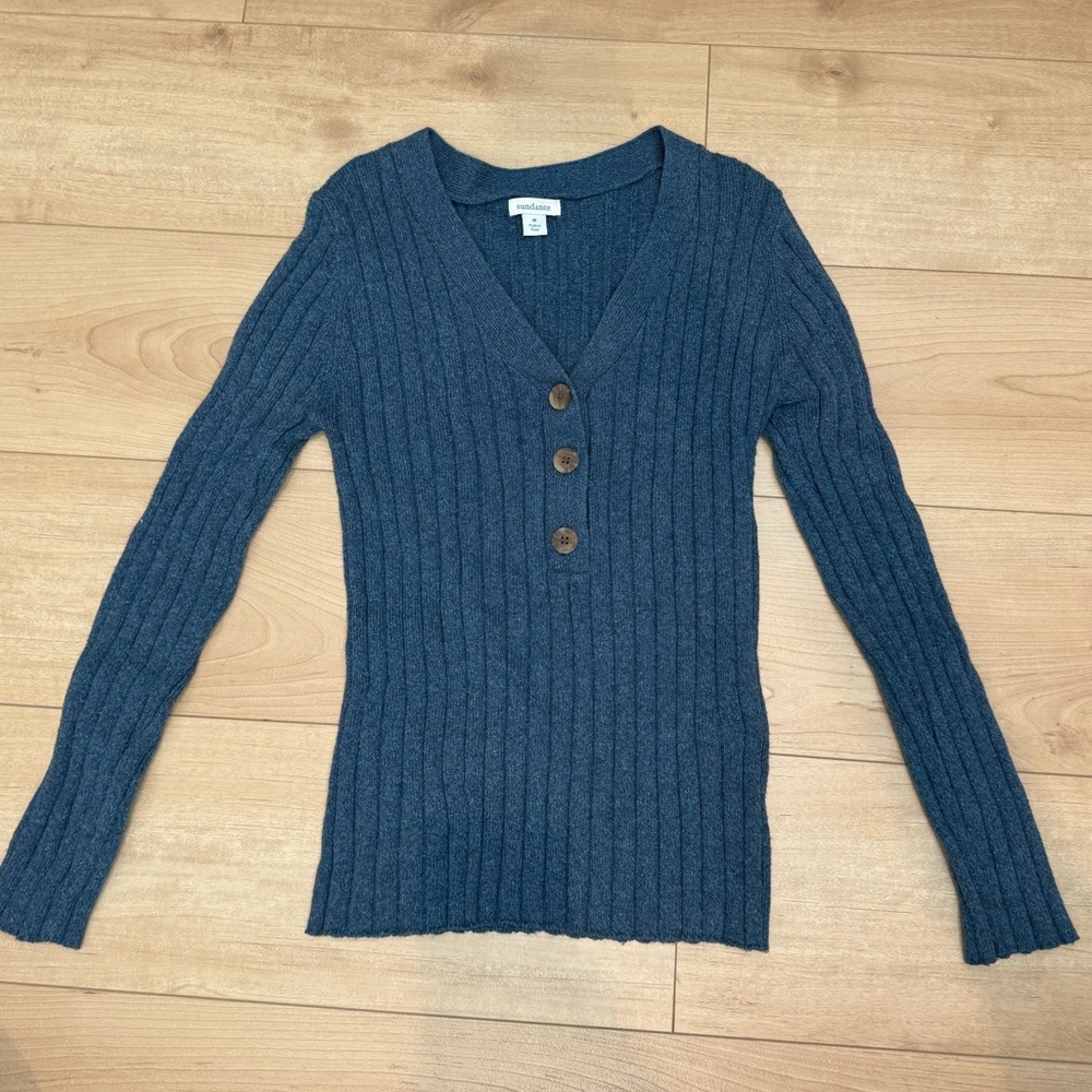 Sundance Blue Ribbed Knit Sweater with Button Detail